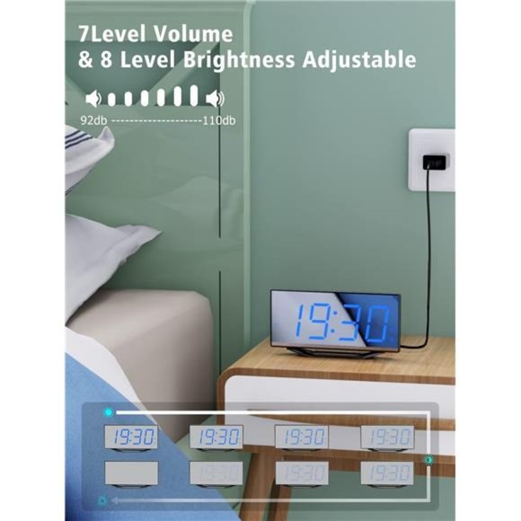 Alarm Clock Bedroom,8.7"Big Display Digital LED Mirror Clock with 2 Alarms - Picture 6 of 6